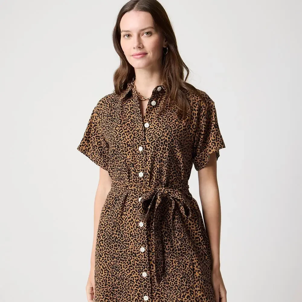 NWT J.Crew Factory Leopard Linen Blend Shirt Dress Belted Large - Picture 5 of 13